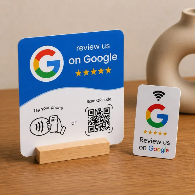Tarjeta NFC para reseñas de Google con soporte de madera y tarjeta de bolsillo